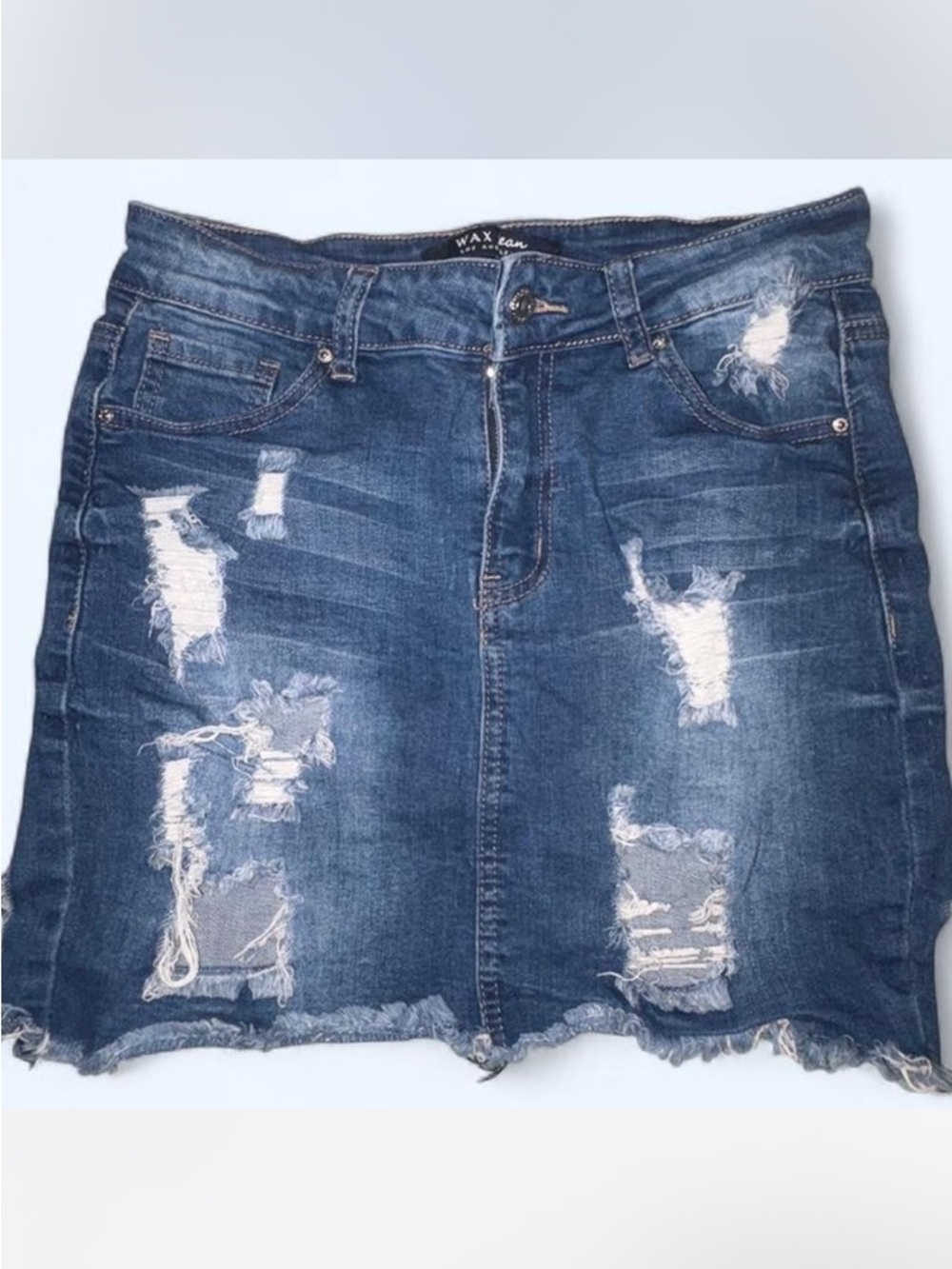 Distressed denim hi waisted mini skirt